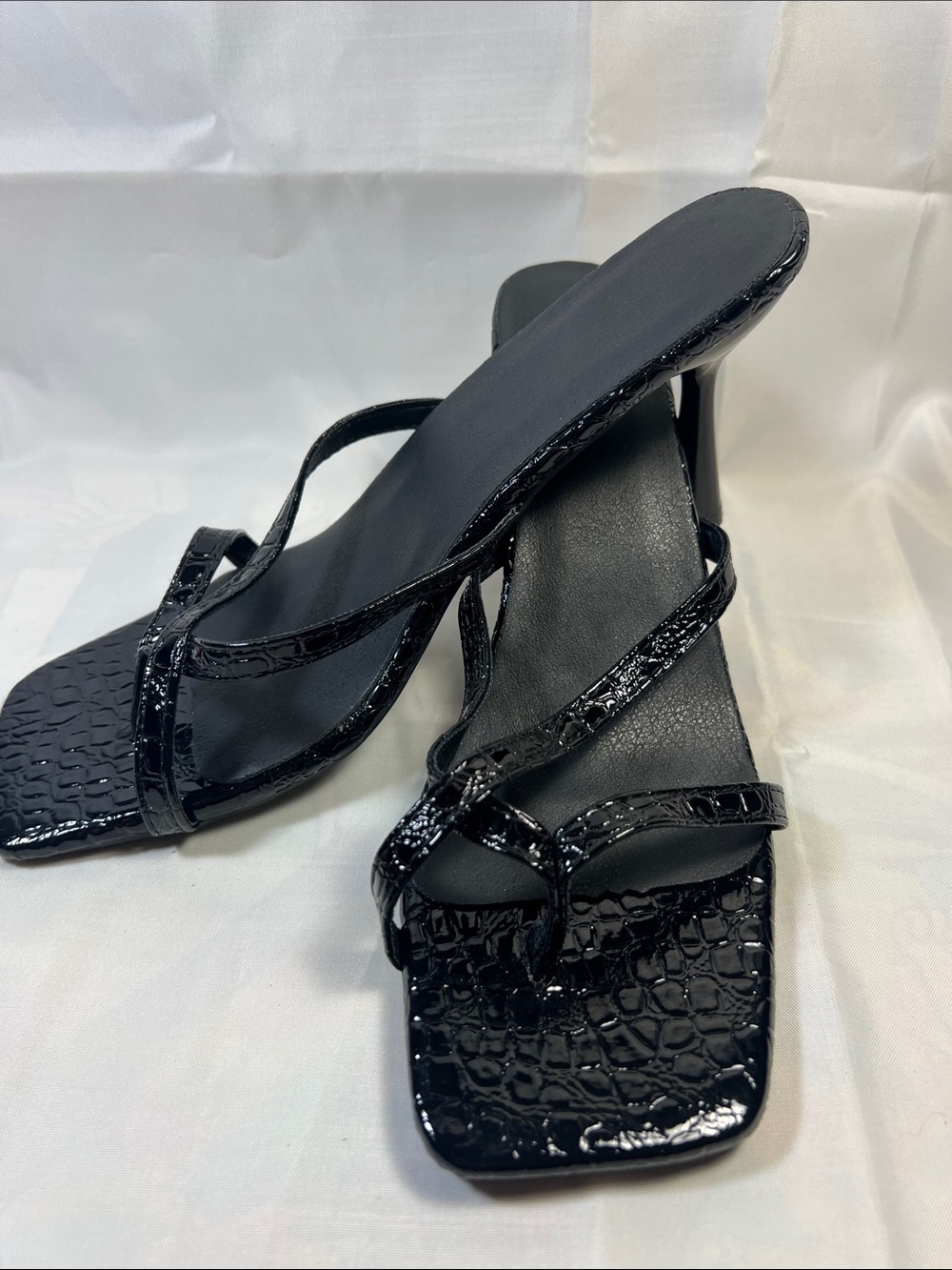 Black Strappy Square-Toe Heeled Sandals
